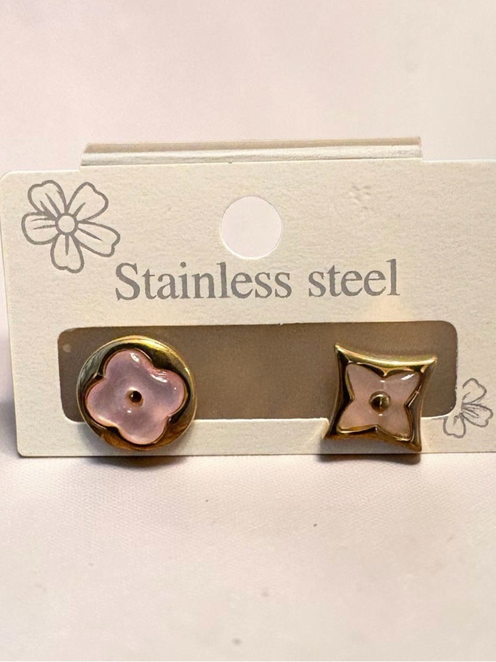 Stainless Steel Pink Flower Stud Earrings